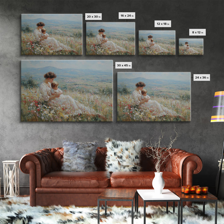 Seated Mother Nursing Baby In Flower Field Framed Canvas Print, Impressionist Landscape Art, Feminine Bedroom Decor, Gift For Her
