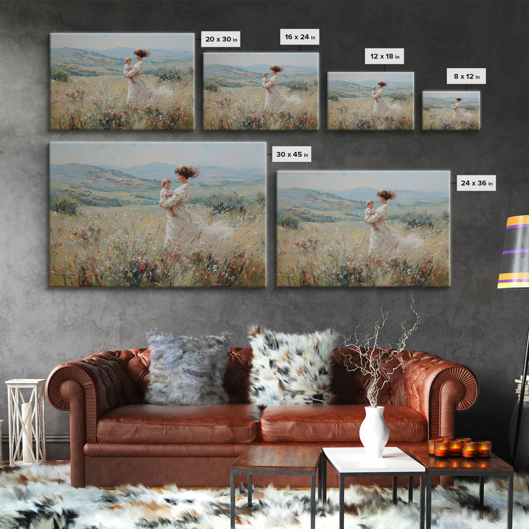 Standing Mother With Baby In Wildflower Valley Canvas Print, Impressionist Floral Landscape, Nursery Decor, Gift For Mom