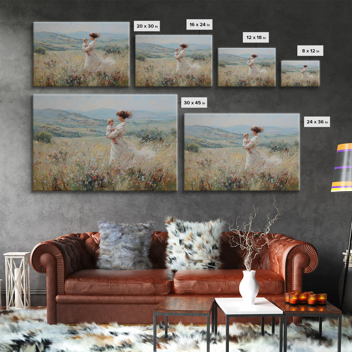 Standing Mother With Baby In Wildflower Valley Canvas Print, Impressionist Floral Landscape, Nursery Decor, Gift For Mom