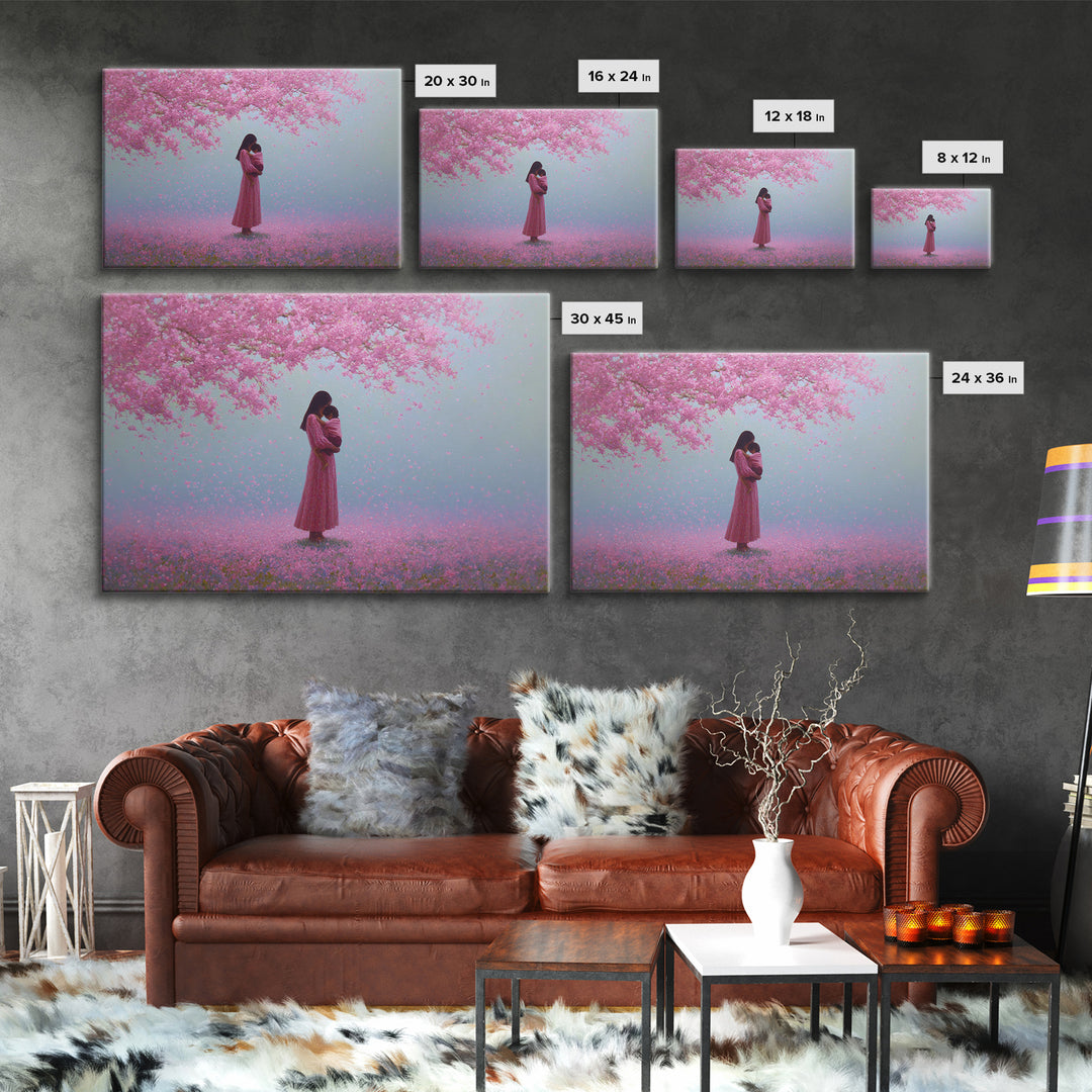 Mother And Child Under Pink Blossoms Wall Art, Cherry Blossom Painting, Feminine Nursery Decor, Romantic Gift For Her, Pink Wall Art