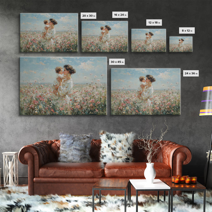 Mother Kissing Baby In Wildflower Field Canvas Print, Impressionist Floral Painting, Nursery Wall Art, Gift For Mom, Living Room Decor