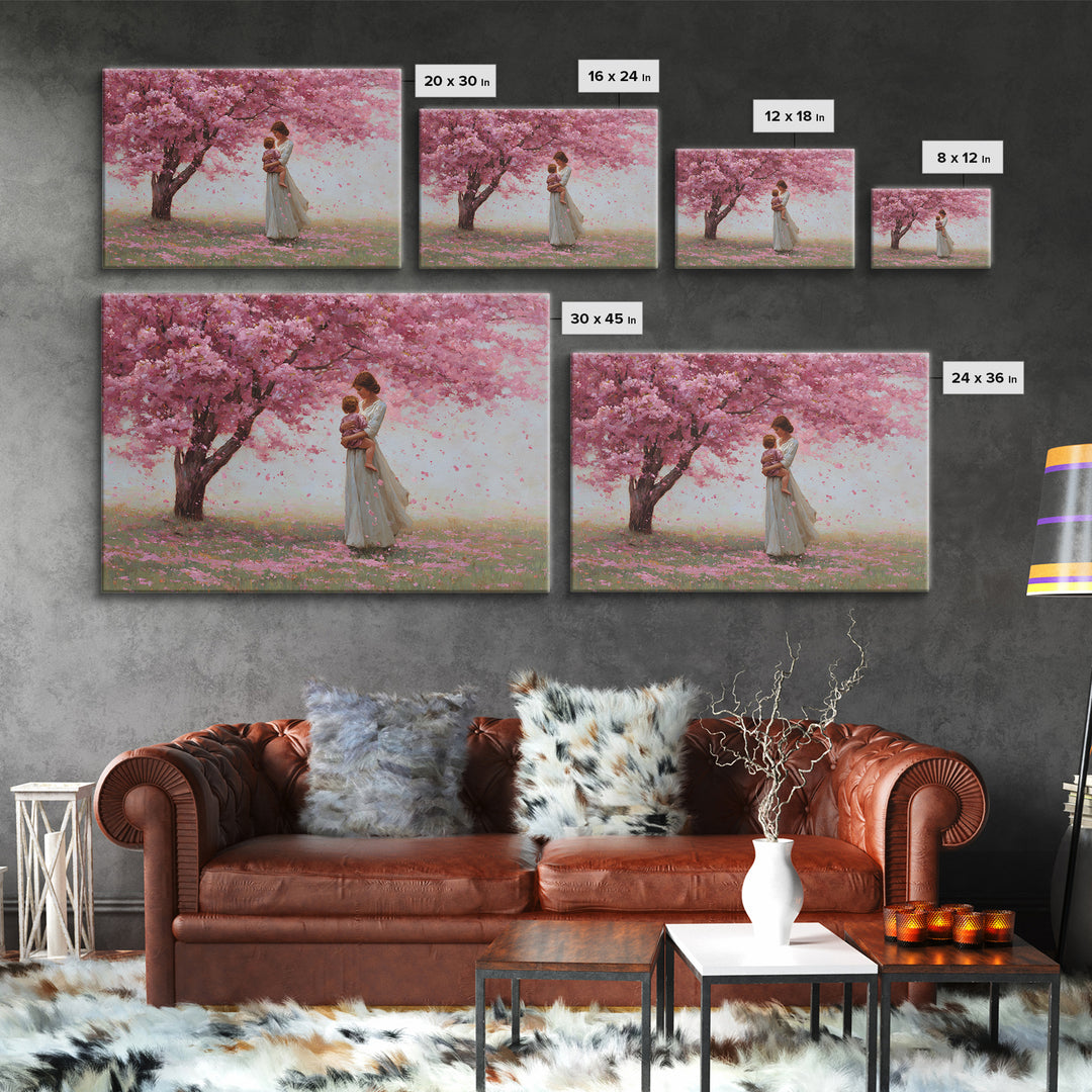 Mother And Child Under Cherry Blossom Tree Framed Canvas Print, Pink Floral Landscape, Romantic Nursery Decor, Gift For Her