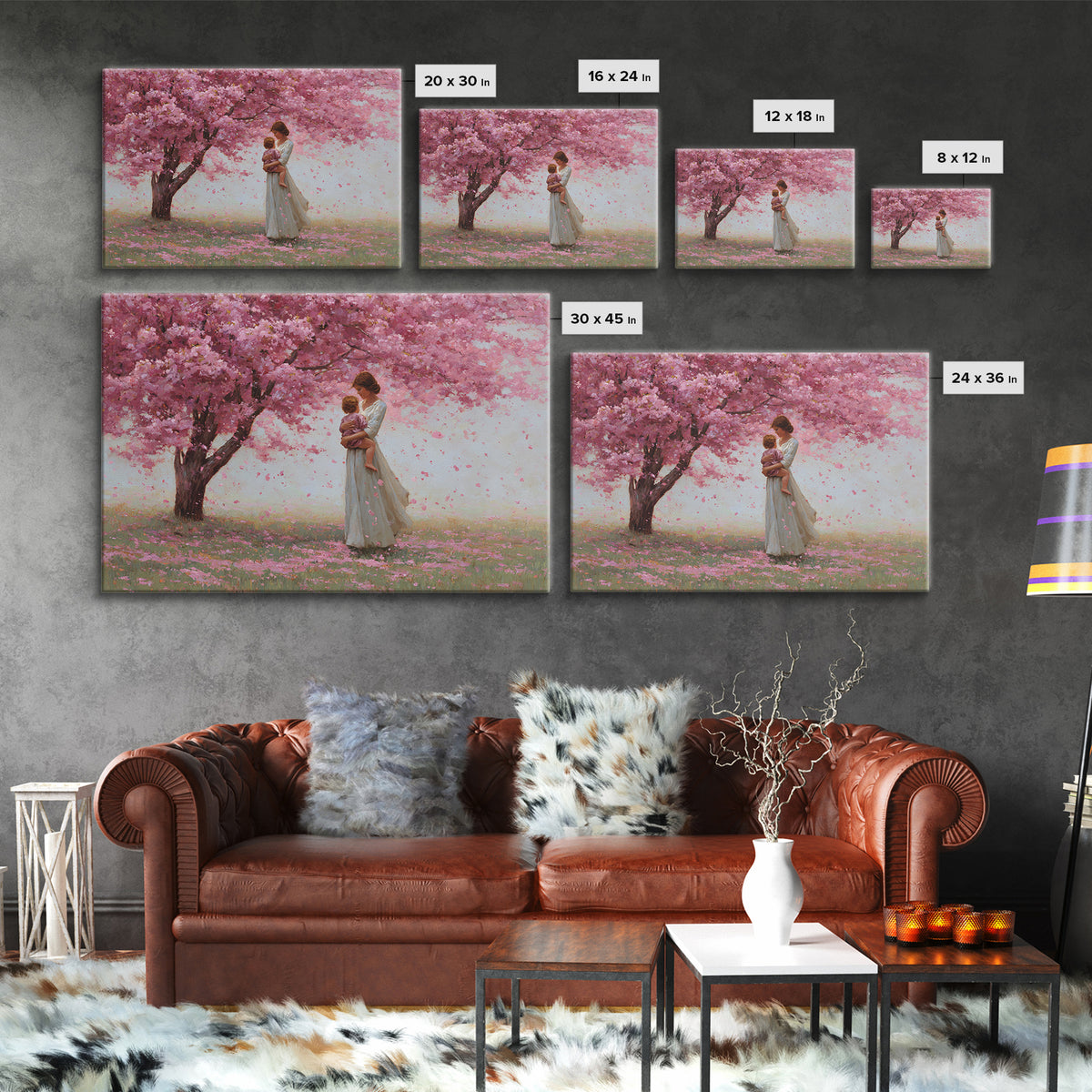 Mother And Child Under Cherry Blossom Tree Framed Canvas Print, Pink Floral Landscape, Romantic Nursery Decor, Gift For Her
