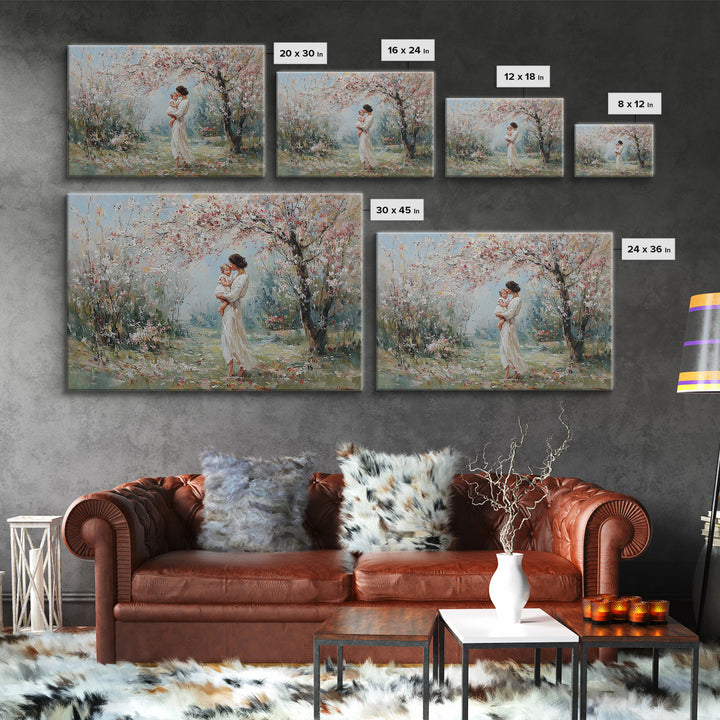 Mother Holding Baby In Blooming Garden Canvas Print, Impressionist Floral Wall Art, Nursery Decor, Housewarming Gift, Home Decor