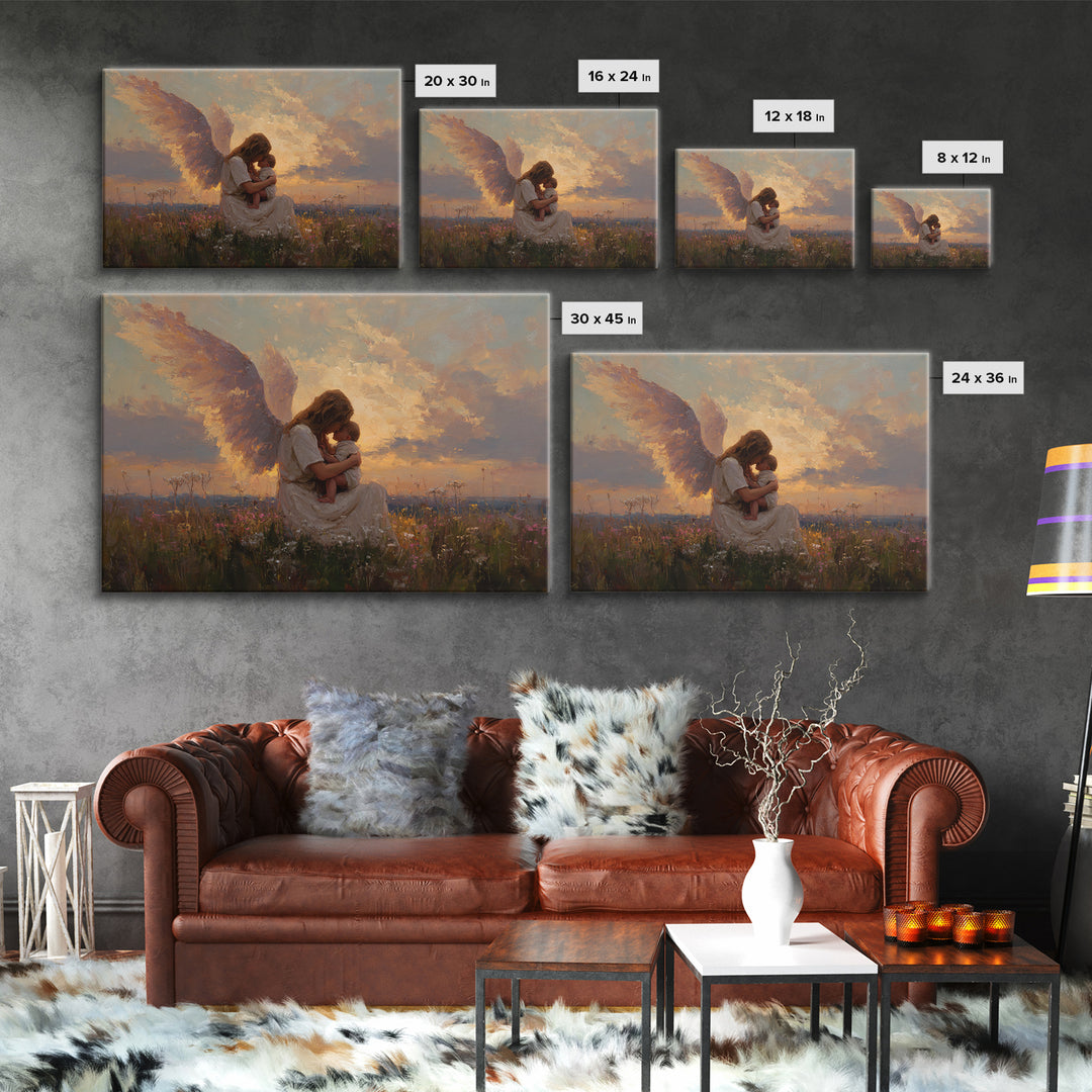 Sunset Angel Mother Cradling Baby Canvas Print, Guardian Angel Wall Art, Spiritual Nursery Decor, Christian Gift For Her