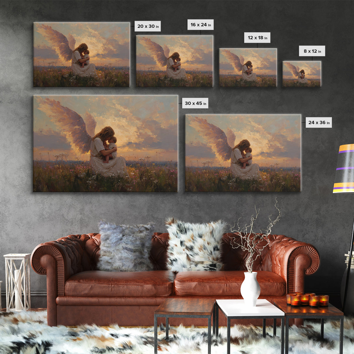 Sunset Angel Mother Cradling Baby Canvas Print, Guardian Angel Wall Art, Spiritual Nursery Decor, Christian Gift For Her
