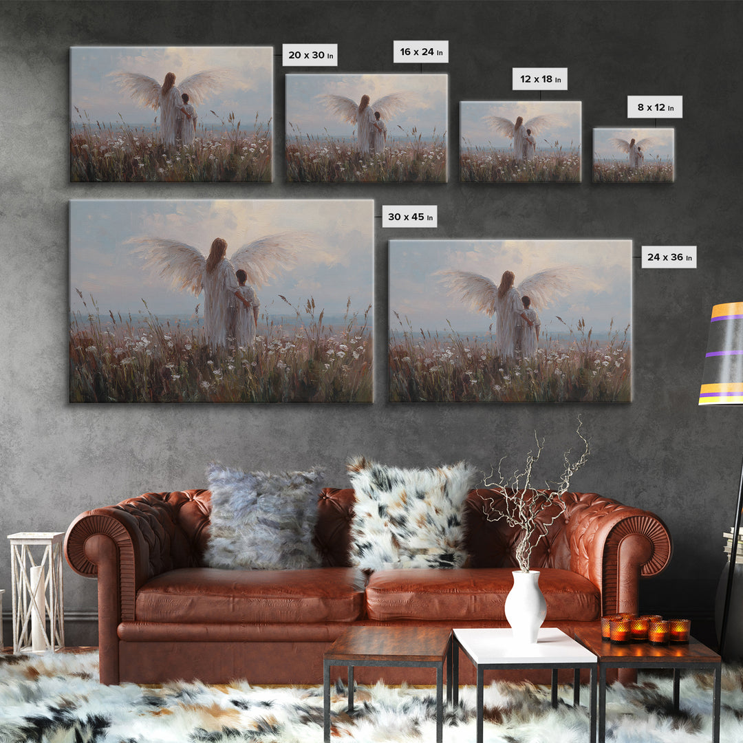 Angel And Child Facing Soft Horizon Canvas Print, Peaceful Meadow Wall Art, Christian Home Decor, Nursery Decor, Living Room Decor