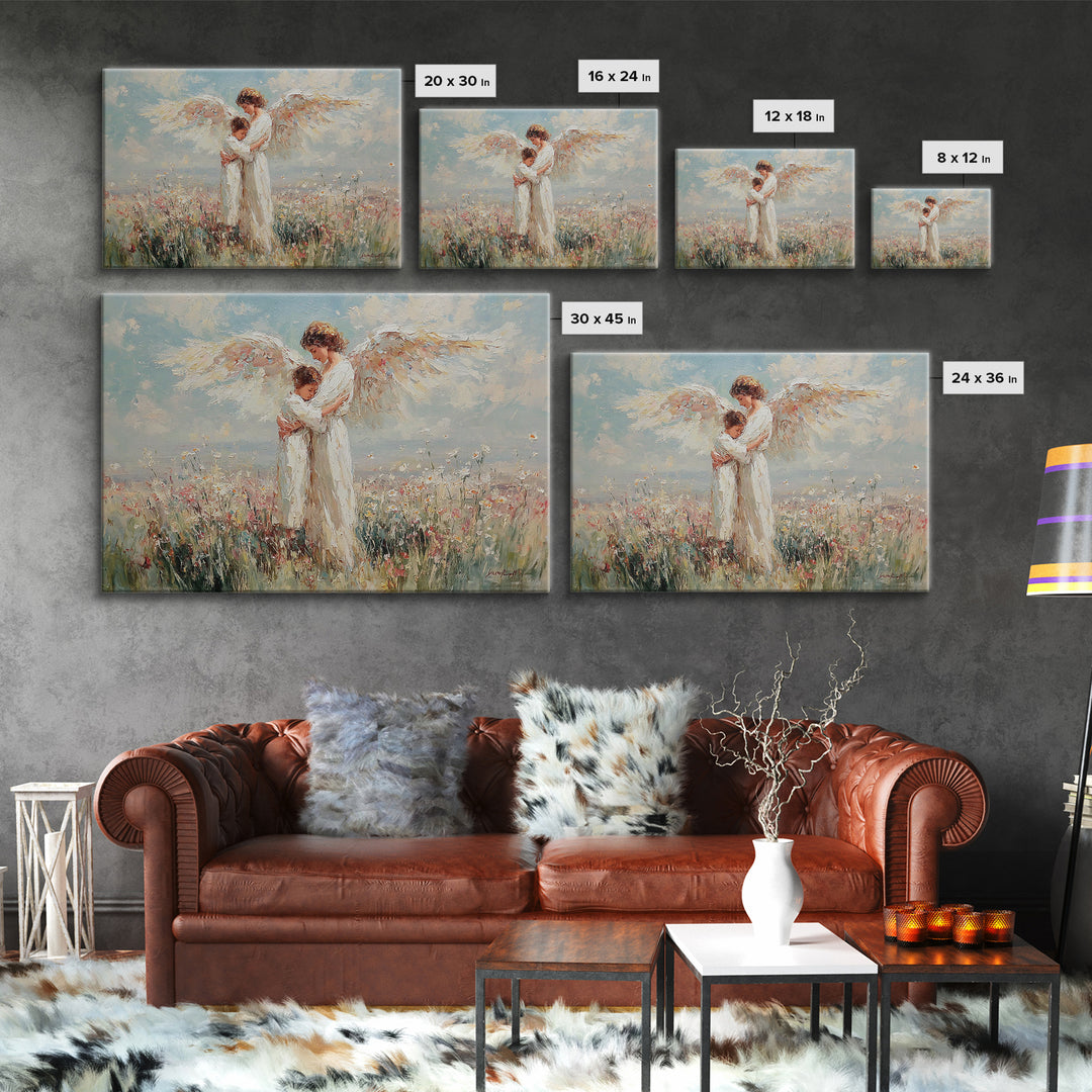 Angel Holding Child In Daisy Meadow Framed Canvas Print, Christian Wall Art, Spiritual Nursery Decor, Gift For Her, Home Decor
