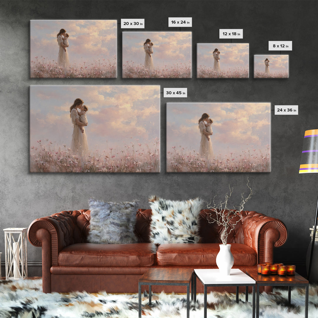 Mother Kissing Baby In Pastel Flower Meadow Wall Art, Soft Feminine Canvas Print, Nursery Decor, Gift For Mom, Bedroom Decor