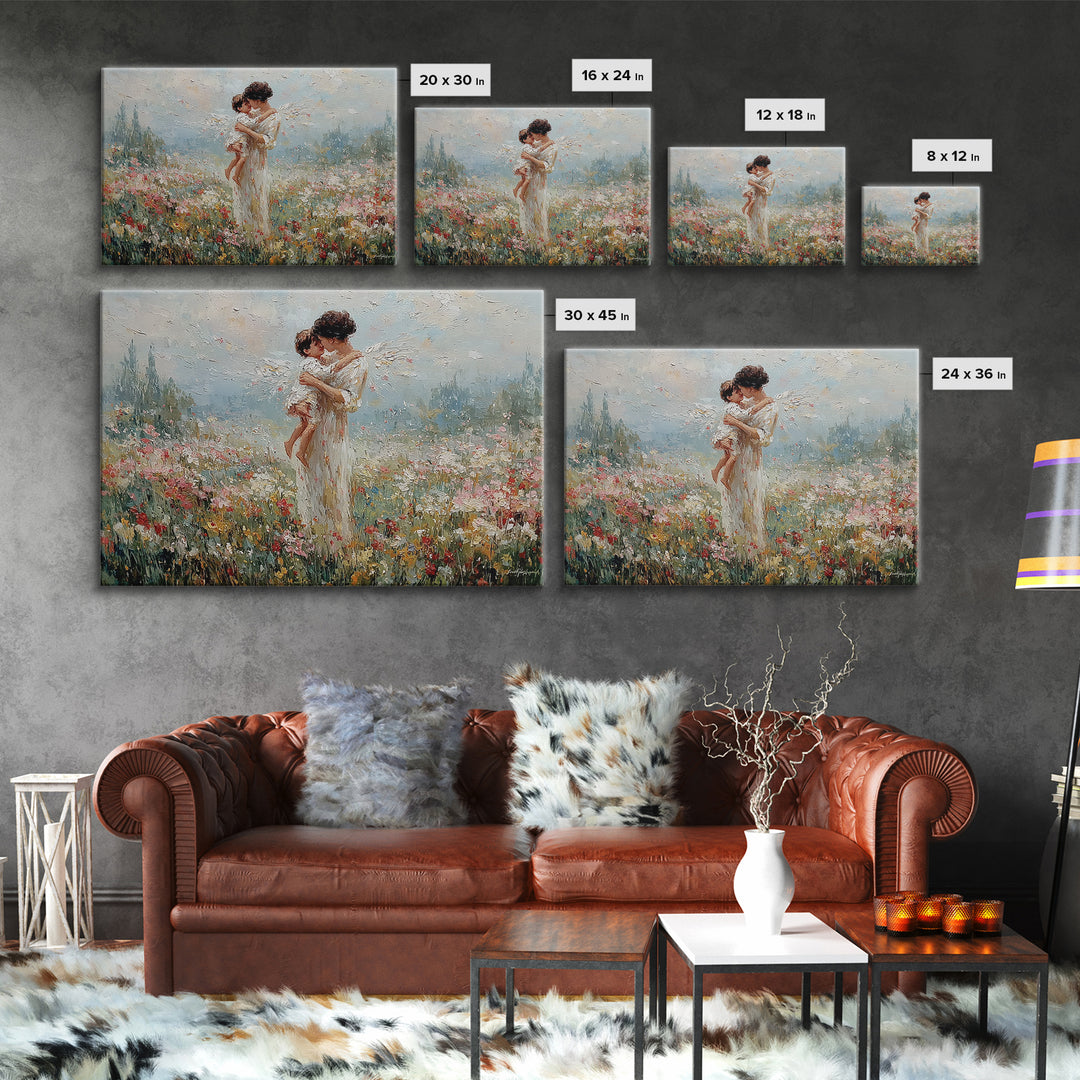 Mother And Baby Embrace In Flower Field Framed Canvas Print, Angelic Nursery Wall Art, Spiritual Gift For Mom, Home Decor