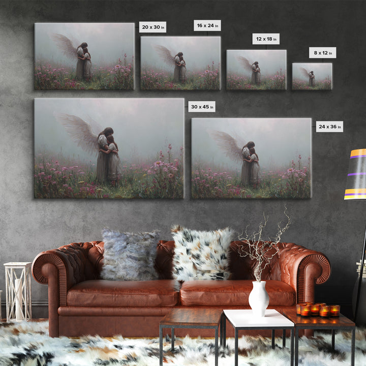 Guardian Angel Hugging Child In Misty Wildflowers Wall Art, Spiritual Nursery Decor, Moody Floral Fine Art Print For Mom