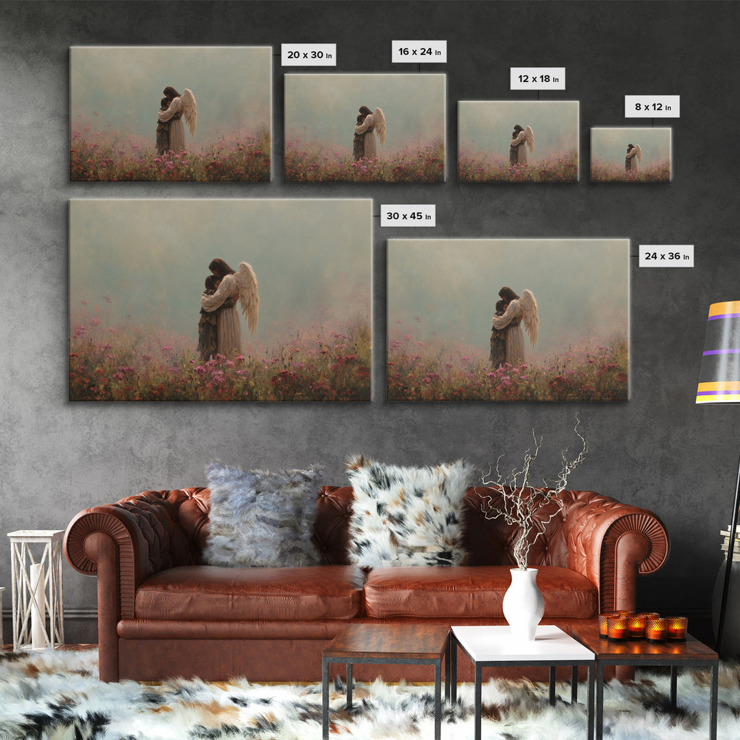 Winged Mother And Child Embracing In Pink Meadow Wall Art, Spiritual Nursery Decor, Moody Floral Painting, Gift For Her, Home Decor