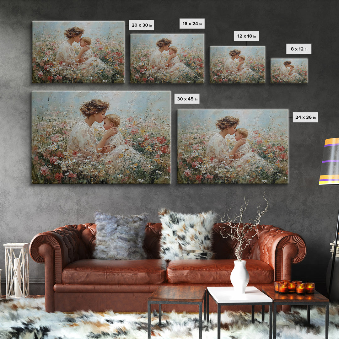 Tender Mother Kissing Baby Among White Daisies Framed Canvas Print, Floral Nursery Wall Art, Spiritual Gift For Mom, Home Decor