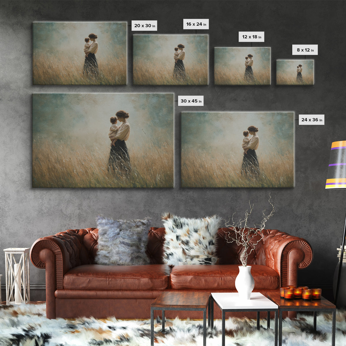 Mother And Child In Golden Grass Framed Canvas Print, Moody Impressionist Painting, Neutral Wall Art, Farmhouse Decor, Housewarming Gift