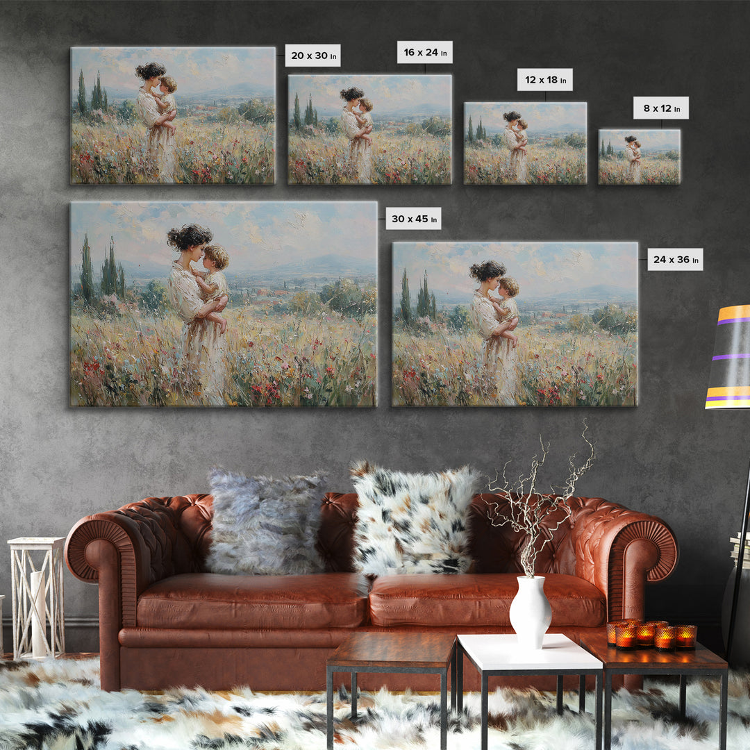 Mother And Child In Wildflower Hills Wall Art, Impressionist Oil Painting Print, Floral Wall Decor, Living Room Art, Gift For Mom