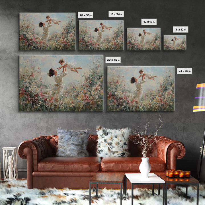 Mother Lifting Baby In Blooming Garden Wall Art, Joyful Impressionist Oil Painting Print, Floral Nursery Decor, Gift For Mom