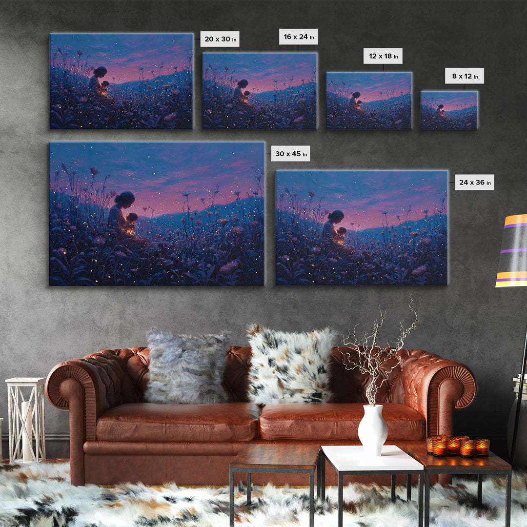 Twilight Mother And Child Firefly Canvas Print, Celestial Nursery Art, Fantasy Wall Decor, Gift For Mom, Bedroom Decor, Magical Art
