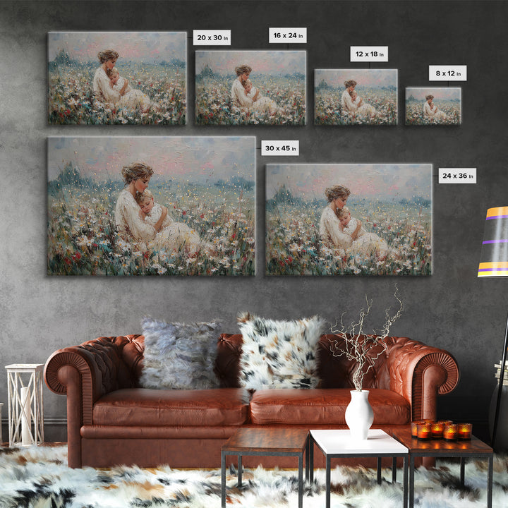 Impressionist Mother And Baby Wildflower Framed Canvas Print, Floral Wall Art, Fine Art Print, Mothers Day Gift, Home Decor