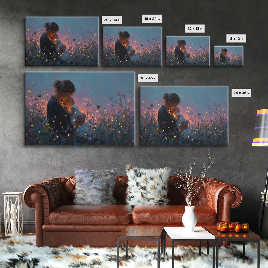 Glowing Mother And Infant Wildflower Canvas Print, Romantic Wall Art, Feminine Nursery Decor, Gift For Her, Cozy Wall Decor