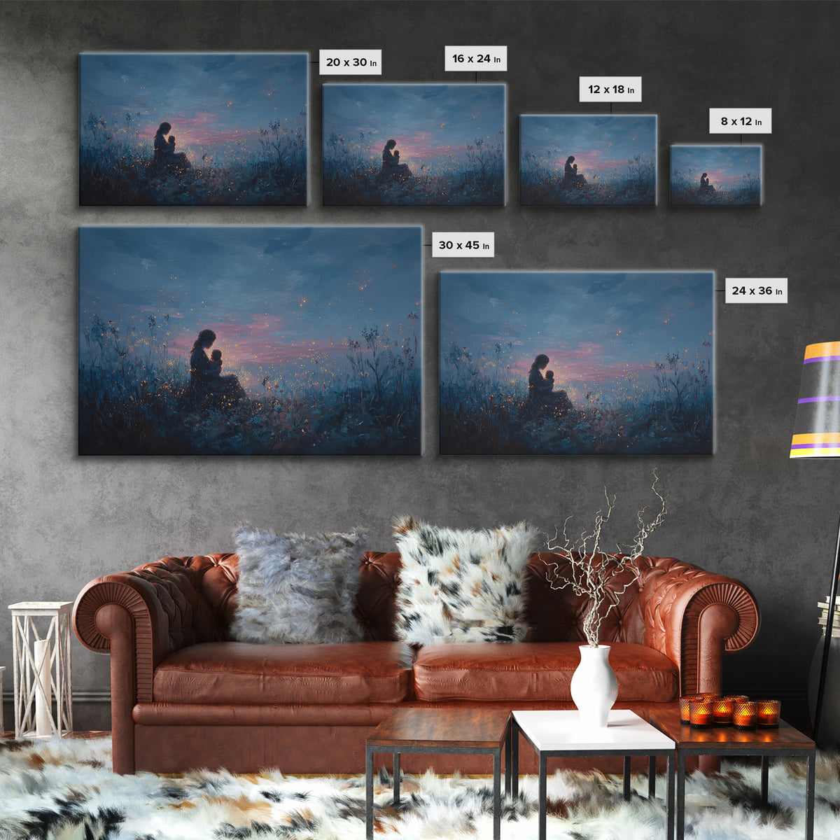Moonlit Mother And Baby Firefly Wall Art, Celestial Canvas Wall Art, Moody Nursery Decor, Fantasy Art, Gift For Her, Bedroom Decor