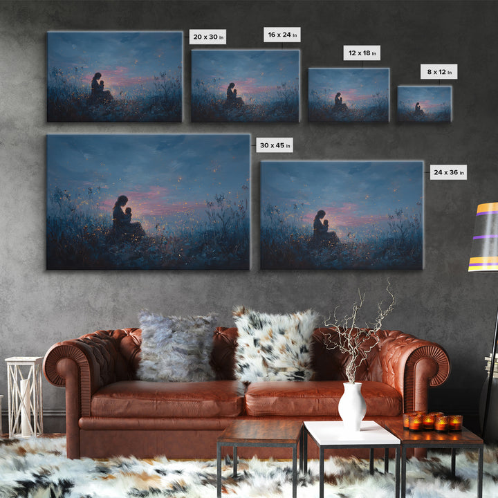 Moonlit Mother And Baby Firefly Wall Art, Celestial Canvas Wall Art, Moody Nursery Decor, Fantasy Art, Gift For Her, Bedroom Decor