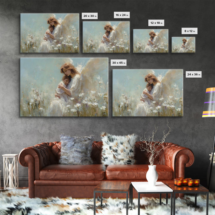 Guardian Angel And Child Daisy Canvas Print, Christian Wall Art, Spiritual Nursery Decor, Feminine Art, Gift For Her, Home Decor