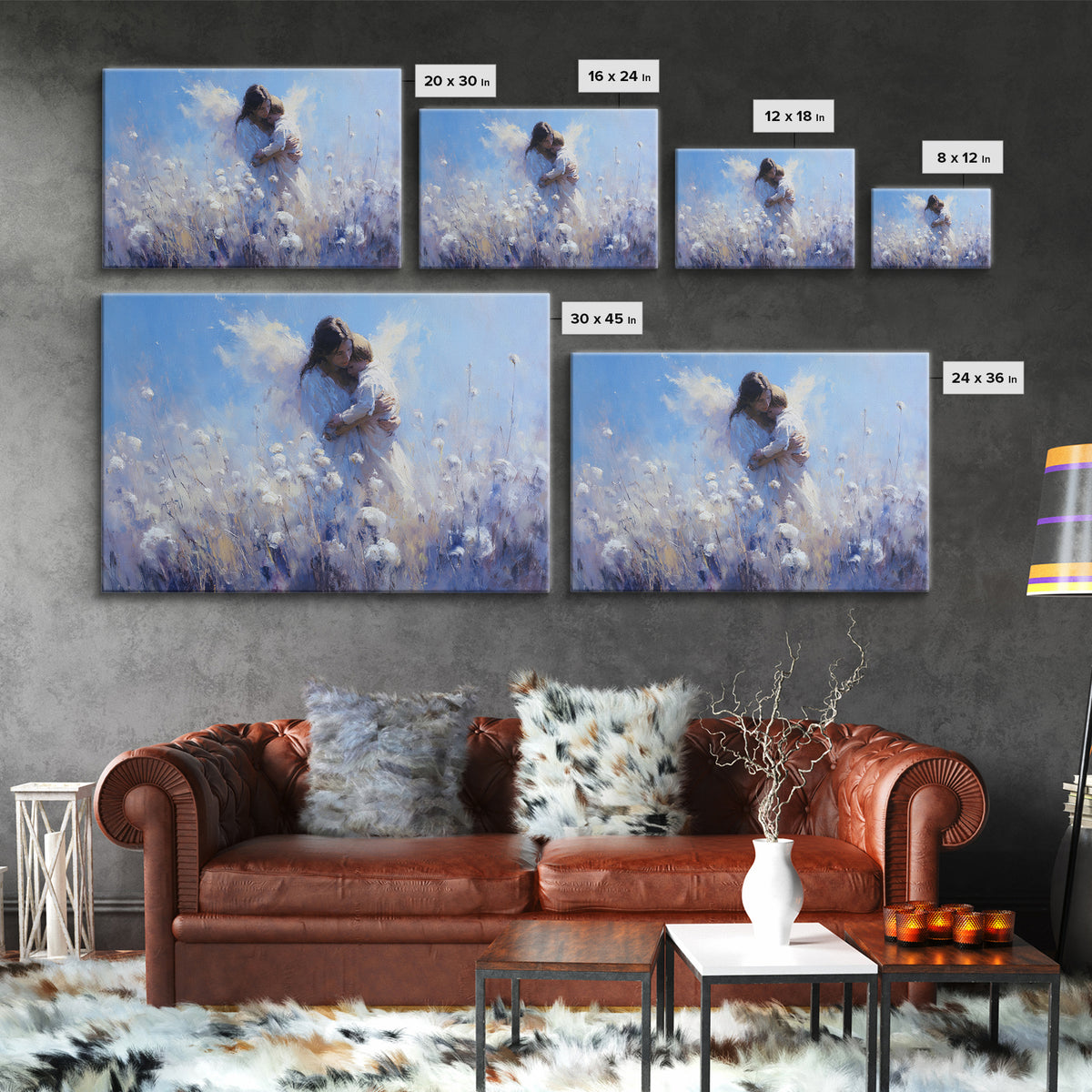 Blue Guardian Angel Mother And Child In Cotton Field Wall Art, Christian Nursery Decor, Motherhood Gift, Fine Art Print, Home Decor