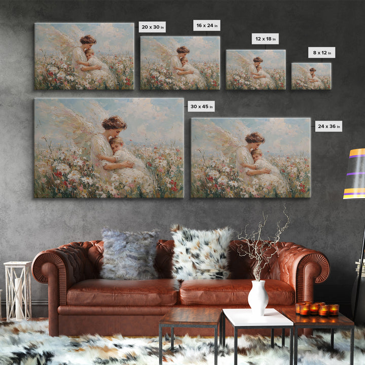 Sunlit Guardian Angel Embracing Child In Wildflower Meadow Canvas Print, Christian Wall Art, Motherhood Gift, Nursery Decor