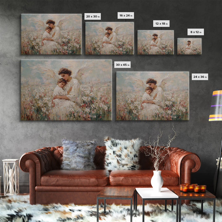 Pastel Guardian Angel Holding Child In Blooming Meadow Wall Art, Christian Nursery Decor, Motherhood Gift, Framed Art Print