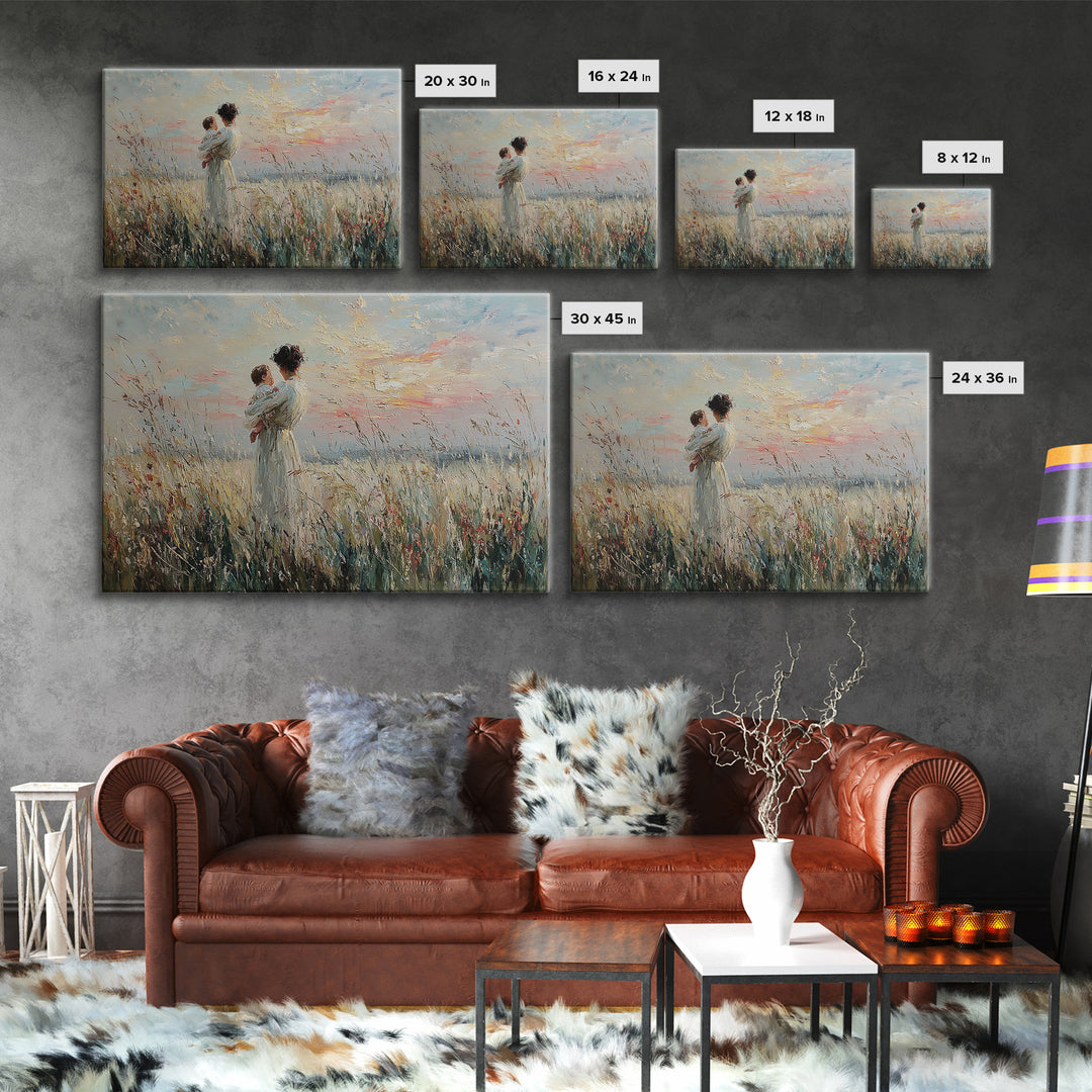 Mother Holding Baby In Wild Grass Framed Canvas Print, Coastal Wall Art, Impressionist Nursery Decor, Gift For Her, Home Decor