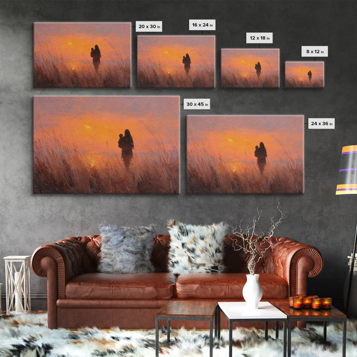Mother And Baby Silhouette At Orange Sunset Wall Art, Warm Landscape Painting, Mothers Day Gift, Bedroom Decor, Boho Wall Decor