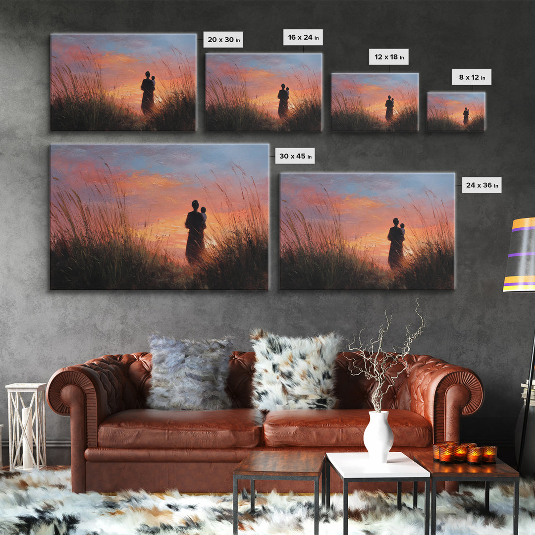 Mother And Baby Sunset Silhouette Framed Canvas Print, Moody Landscape Wall Art, Above Bed Decor, Gift For Her, Living Room Art