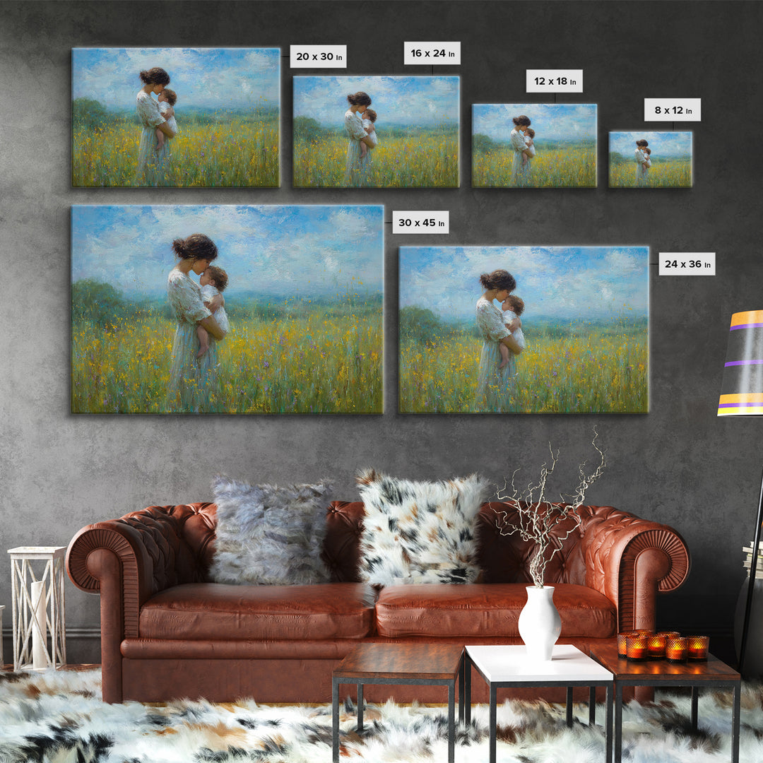 Tender Mother And Baby In Blue Meadow Wall Art, Impressionist Oil Painting, Nursery Decor, Mothers Day Gift, Fine Art Print