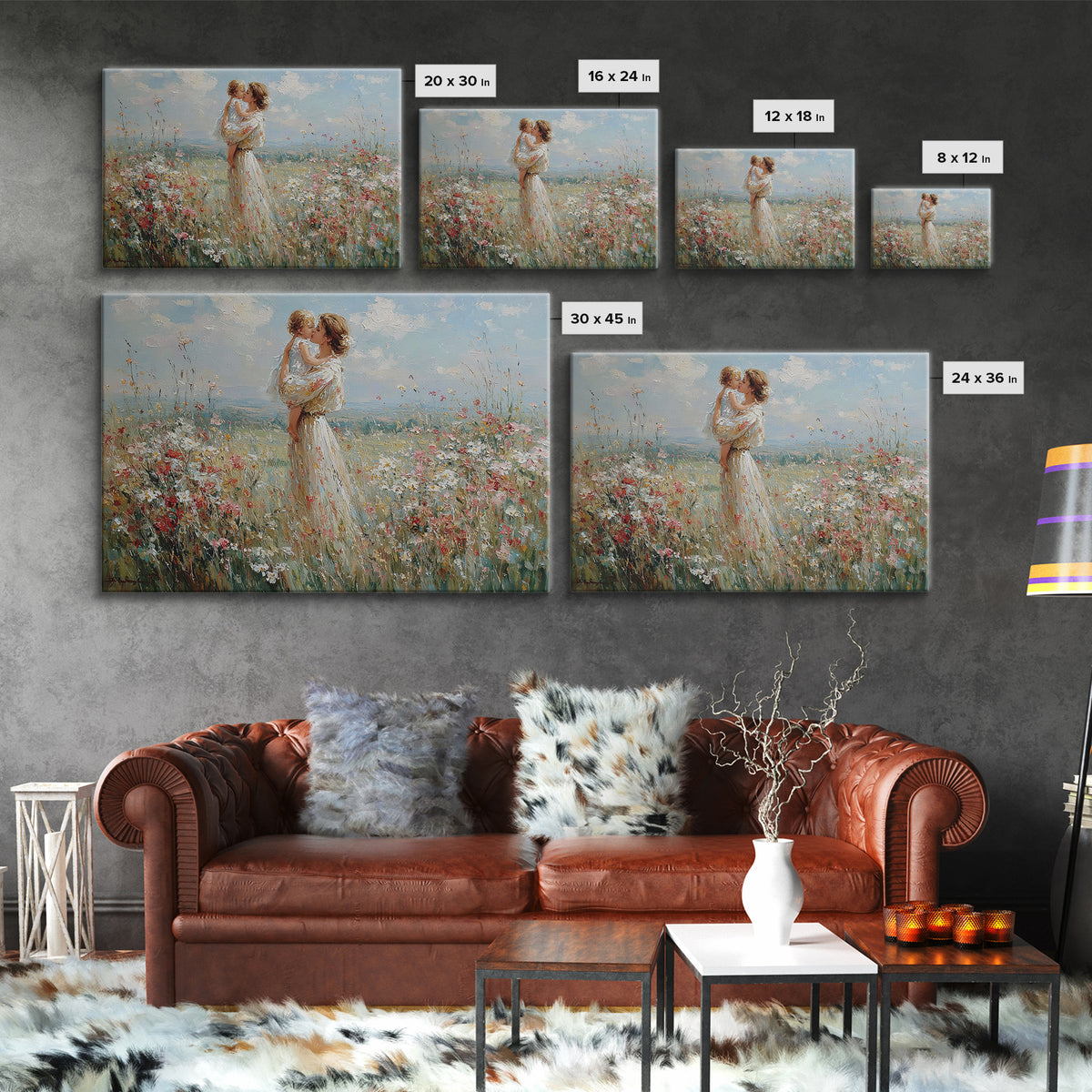 Mother Lifting Baby Among Summer Wildflowers Canvas Print, Floral Wall Art, Nursery Decor, Mothers Day Gift, Home Decor Art Print