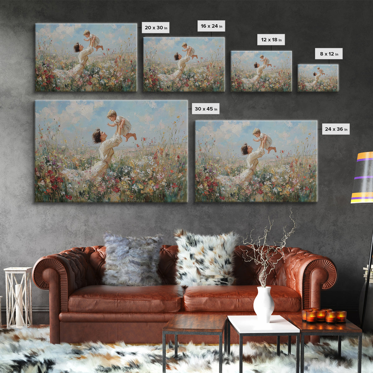 Mother Raising Baby Above White Wildflowers Framed Canvas Print, Impressionist Meadow Wall Art, Nursery Decor, Gift For Mom