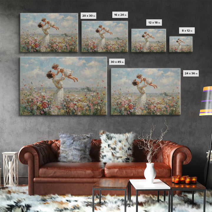Mother Holding Child Over Blooming Meadow Wall Art, Impressionist Floral Landscape Canvas Print, Nursery Decor, Gift For Mom