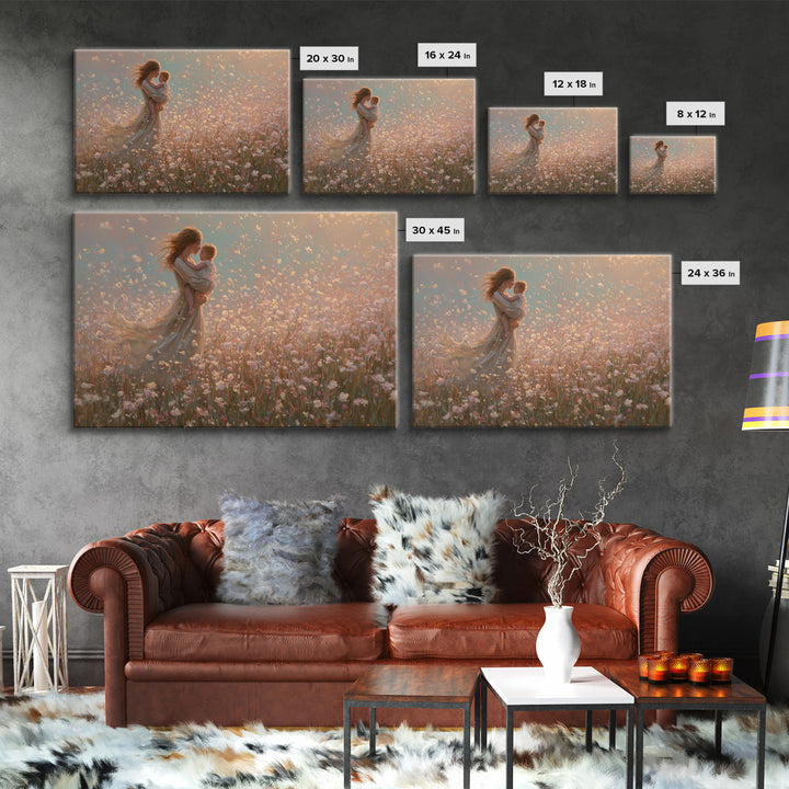 Mother Holding Baby In Pink Wildflower Field Wall Art, Romantic Impressionist Canvas Print, Nursery Decor, Gift For Mom, Feminine Art