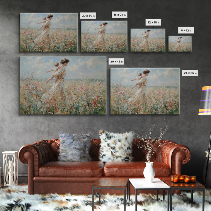 Mother Carrying Child Across Breezy Wildflower Field Wall Art, Impressionist Floral Landscape Canvas Print, Gift For Mom