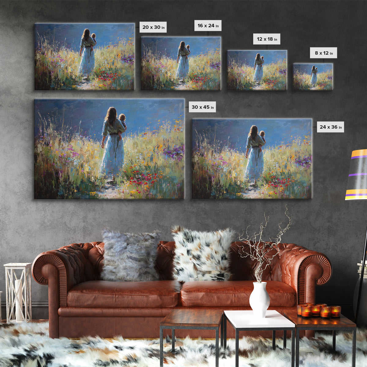 Mother And Child On Wildflower Path Wall Art, Impressionist Oil Painting Print, Feminine Nursery Decor, Gift For Mom, Living Room Decor