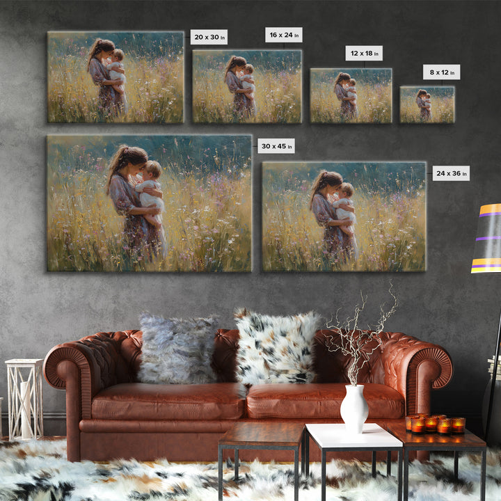 Sunlit Mother Holding Baby In Golden Meadow Framed Canvas Print, Impressionist Floral Painting, Nursery Wall Art, Gift For Her