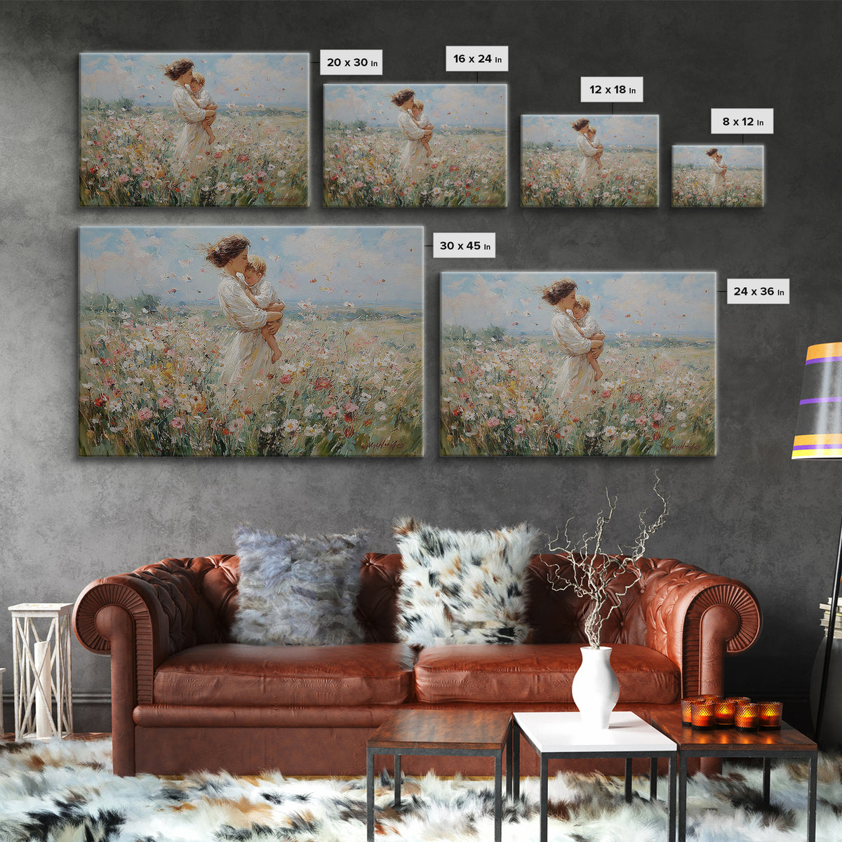 Standing Mother With Toddler In Flower Meadow Framed Canvas Print, Impressionist Landscape Painting, Nursery Wall Art, Gift For Mom