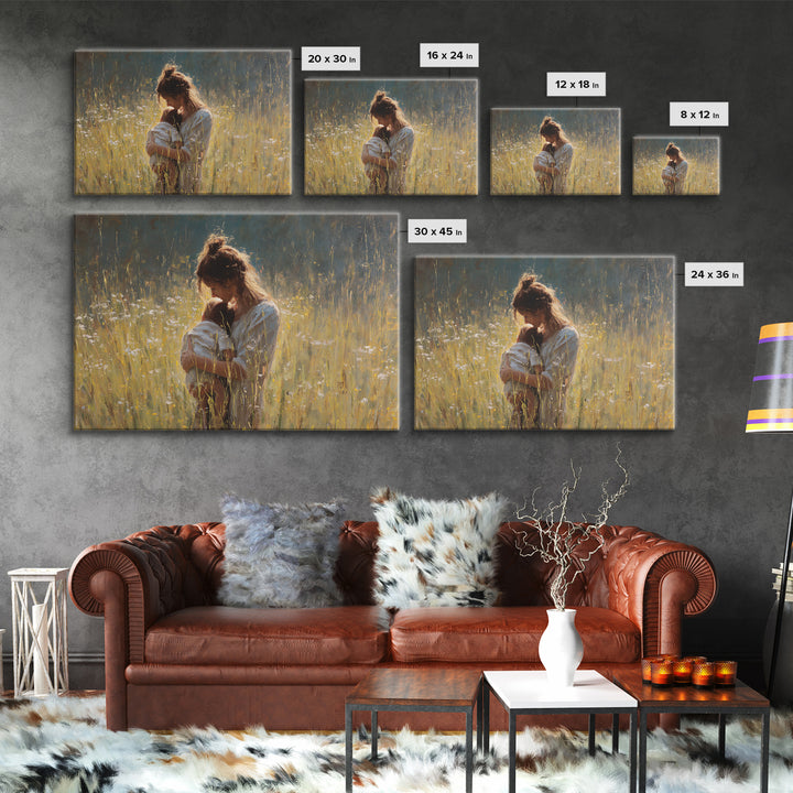 Backlit Mother Nursing Baby In Golden Grass Wall Art, Moody Impressionist Oil Painting Print, Feminine Bedroom Decor, Gift For Mom