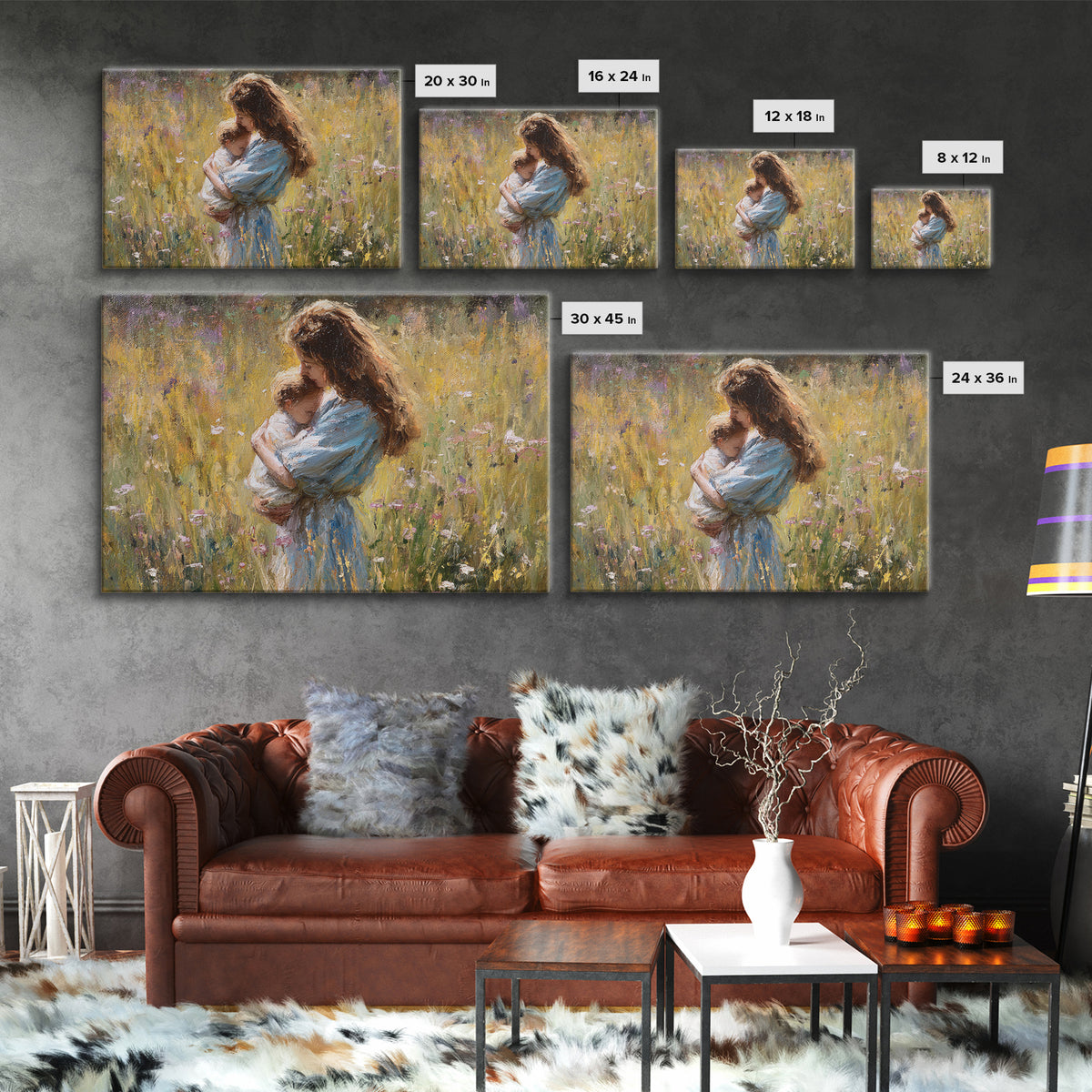 Long Haired Mother Cradling Baby In Wildflower Field Canvas Print, Impressionist Oil Painting, Feminine Wall Decor, Gift For Her