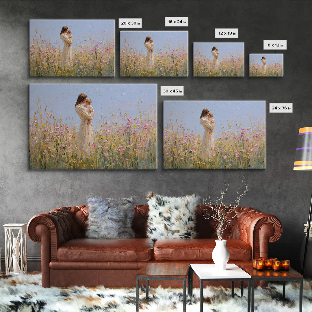 Mother Holding Baby By Wildflowers Framed Canvas Print, Soft Impressionist Painting, Nursery Wall Art, Floral Home Decor