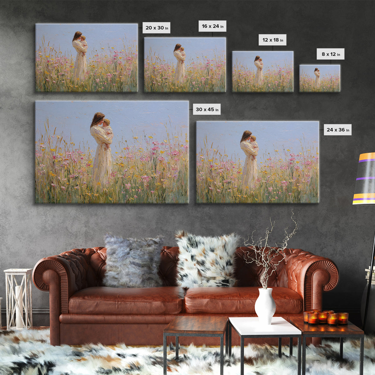 Mother Holding Baby By Wildflowers Framed Canvas Print, Soft Impressionist Painting, Nursery Wall Art, Floral Home Decor