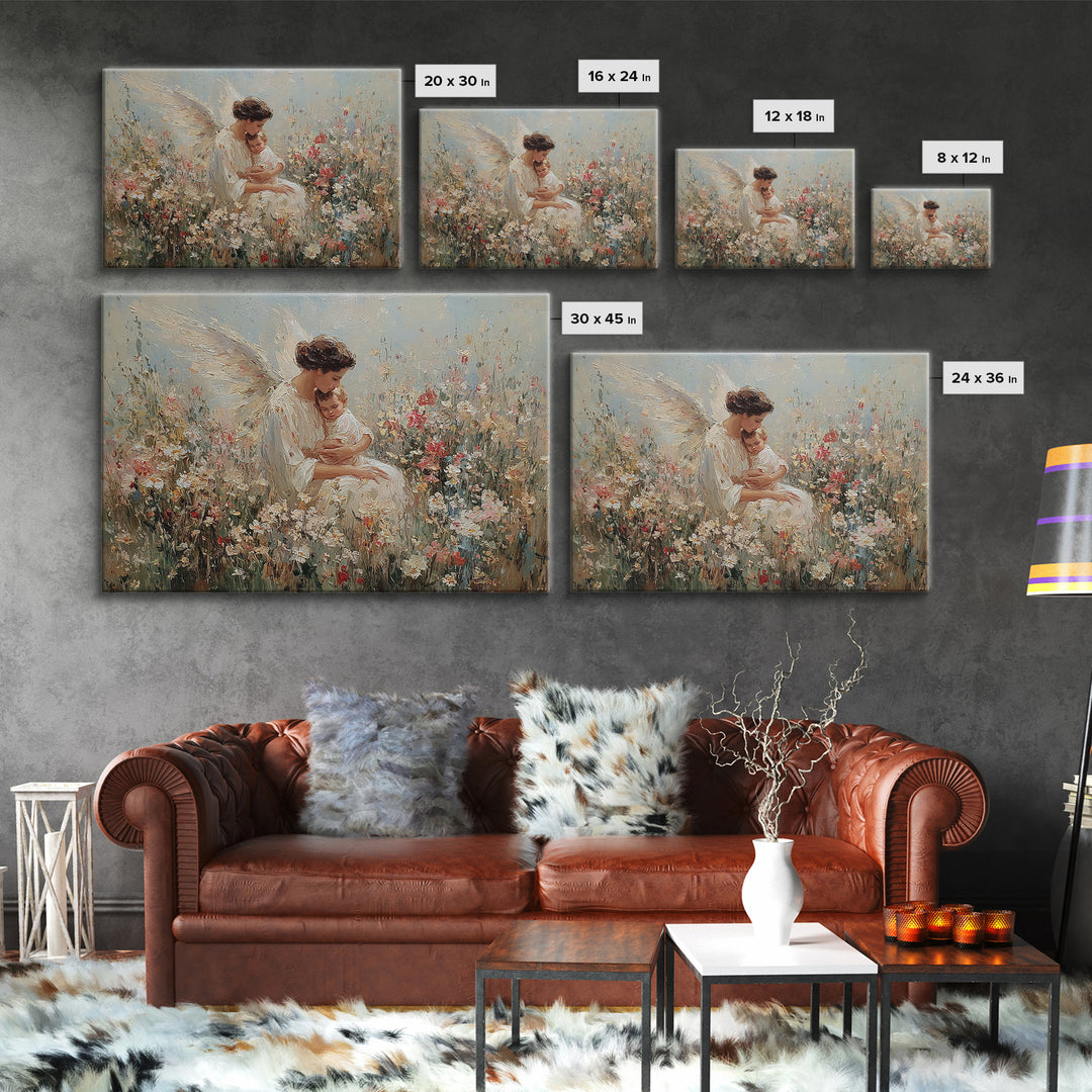 Guardian Angel Holding Baby Framed Canvas Print, Floral Meadow Wall Art, Christian Nursery Decor, Baptism Gift For Mom, Newborn Gift