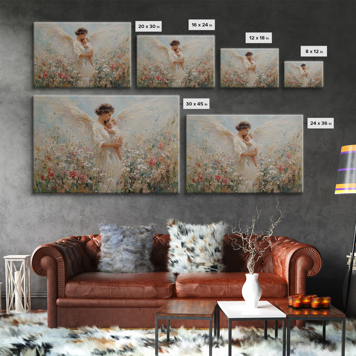 Angel Mother And Baby Wildflower Canvas Print, Christian Wall Art, Floral Nursery Decor, Baptism Gift, Peaceful Home Decor