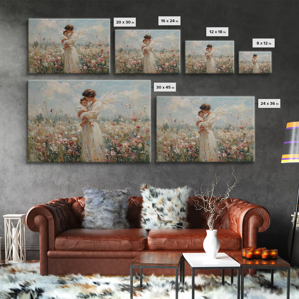 White Angel Holding Child Wall Art, Floral Meadow Canvas, Christian Nursery Decor, Baptism Gift, Guardian Angel Print For Baby Room