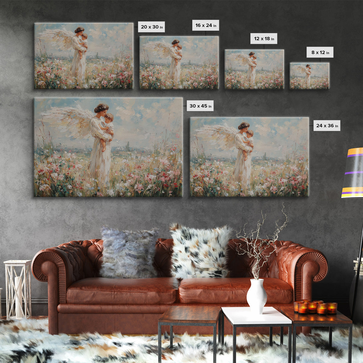 Angel And Child Floral Meadow Framed Canvas Print, Christian Wall Art, Guardian Angel Nursery Decor, Baptism Gift For Mom
