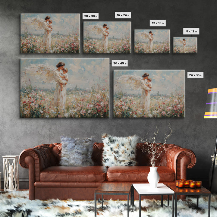 Angel And Child Floral Meadow Framed Canvas Print, Christian Wall Art, Guardian Angel Nursery Decor, Baptism Gift For Mom